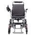 The Glide Care G-5 Lightweight Foldable Electric Wheelchair features a black seat with orange diamond stitching, left-side joystick control, armrests, four wheels, and a compact folding design—ideal for travel.