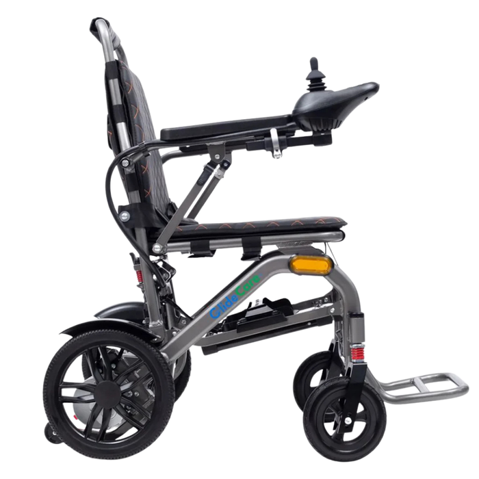 The Glide Care G-5 Lightweight Foldable Electric Wheelchair features a black seat, right-arm joystick, sturdy gray frame, footrest, large rear wheels, and a compact folding design for travel convenience.