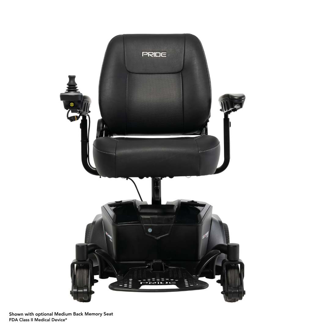 The Pride Mobility Go Chair® MED Portable Powerchair, shown from the front on a white background, features a black frame, medium back memory seat, armrests, footrest, and right-side joystick control.