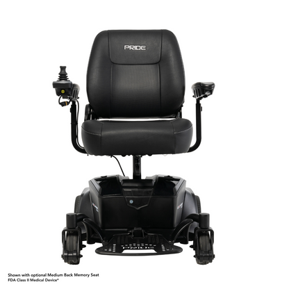 The Pride Mobility Go Chair® MED Portable Powerchair, shown from the front on a white background, features a black frame, medium back memory seat, armrests, footrest, and right-side joystick control.