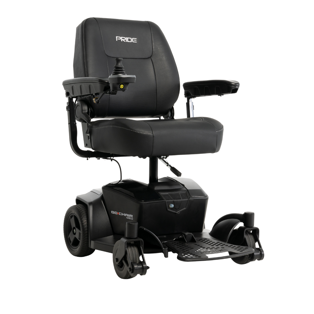 The Pride Mobility Go Chair® MED Portable Powerchair is a black, lightweight electric chair with armrests, cushioned seat and backrest, right-arm joystick control, and four wheels for portable personal mobility assistance.