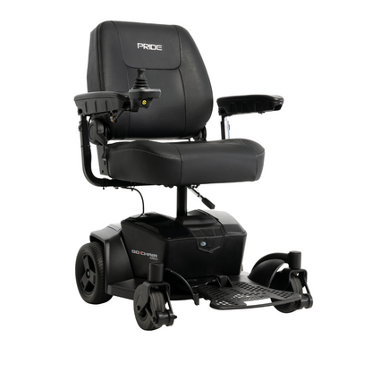 The Pride Mobility Go Chair® MED Portable Powerchair is a black, lightweight electric chair with armrests, cushioned seat and backrest, right-arm joystick control, and four wheels for portable personal mobility assistance.