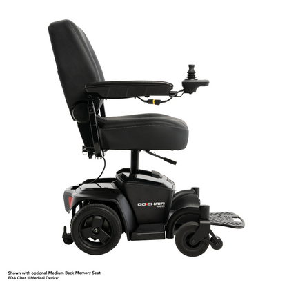 The Pride Mobility Go Chair® MED Portable Powerchair in black features a medium back memory seat, right armrest joystick control, and extended footrest. This lightweight chair is shown from the side against a white background.