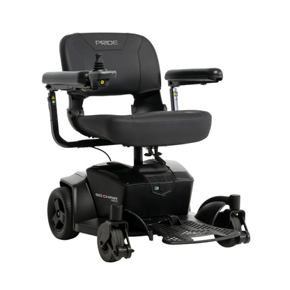 A black Pride Mobility Go Chair® MED portable powerchair with padded seat and armrests, left-side joystick control, and four wheels—perfect for lightweight travel. The Pride logo is visible on the seat back.