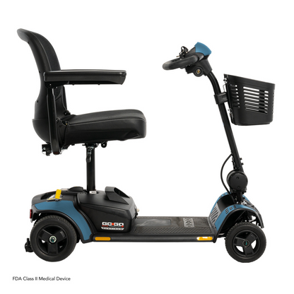 A side view of the Pride Mobility Go Go Elite Traveller® 2 Platinum Scooter in black and blue, featuring a seat, armrests, handlebar, and front basket. This three-wheel scooter offers convenient personal mobility assistance.