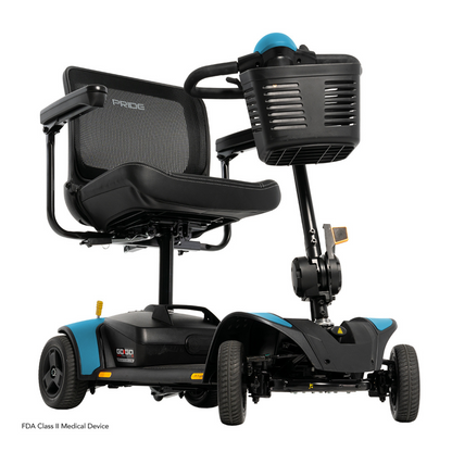 The Pride Mobility Go Go Elite Traveller® 2 Platinum Scooter is a compact black and blue three-wheel scooter featuring a mesh backrest, padded seat, front basket, and is designed for easy transportation and accessibility.