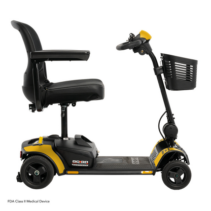 A side view of a black and yellow Pride Mobility Go Go Elite Traveller® 2 Platinum Scooter with a padded seat, armrests, three wheels, handlebars, front basket, and EZ Turn technology for enhanced mobility assistance.
