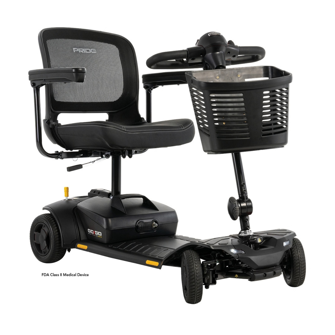A black Pride Go Go® Elite Traveller Gen 3 Scooter featuring a mesh seat, a front-mounted basket, and a tiller-style handlebar.