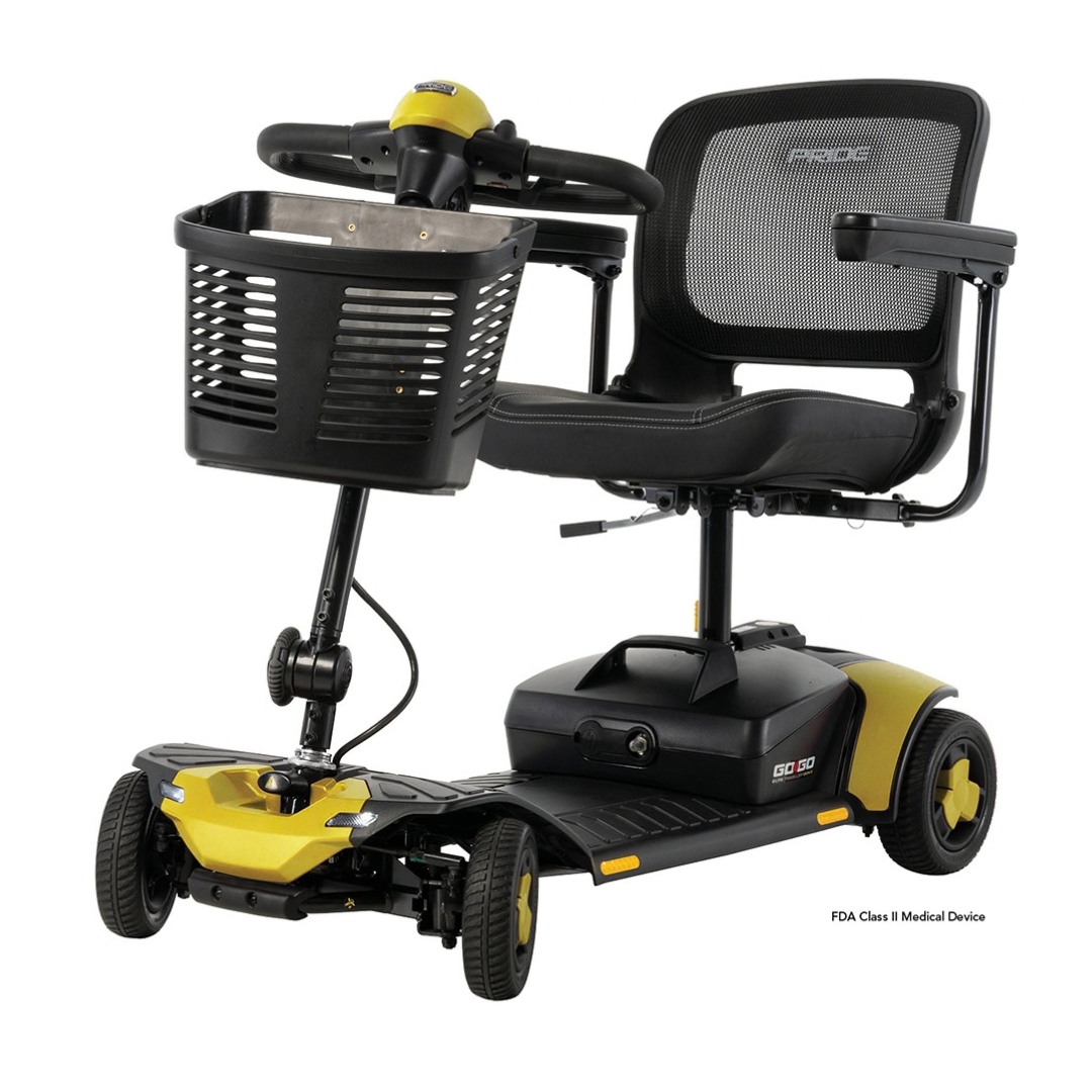 Yellow and black Pride Go Go® Elite Traveller Gen 3 Scooter with four wheels, a mesh-backed seat, and a front storage basket.
