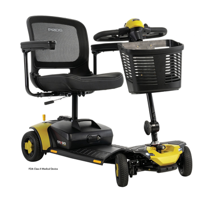 Yellow and black Pride Go Go® Elite Traveller Gen 3 Scooter with a mesh seat, handlebars, and a front storage basket.