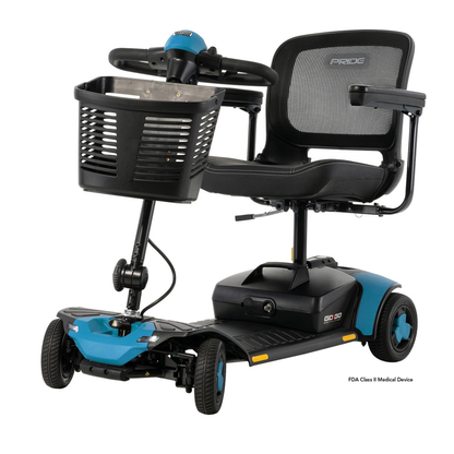 Portable blue and black Pride Go Go® Elite Traveller Gen 3 Scooter with a front basket and a mesh backrest seat.