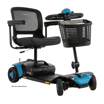 Pride Go Go® Elite Traveller Gen 3 four-wheeled mobility scooter with a blue frame, black mesh seat, and a front-mounted storage basket.