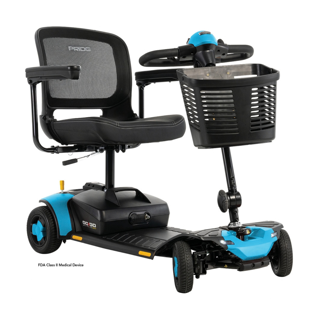 A Pride Go Go® Elite Traveller Gen 3 Scooter with three wheels, a black mesh seat, blue accents, and a front-mounted basket.