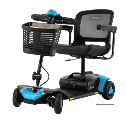 Bright blue Pride Go Go® Elite Traveller Gen 3 Scooter featuring a black mesh seat and a front storage basket.
