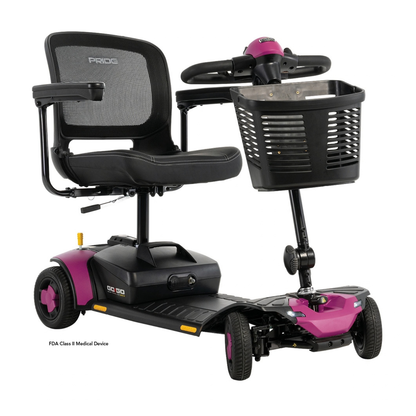 A purple and black Pride Go Go® Elite Traveller Gen 3 Scooter, a three-wheeled mobility scooter featuring a mesh back seat and a front storage basket.