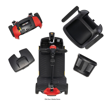 A Pride Go Go® Elite Traveller Gen 3 Scooter disassembled into its main components, including the base, seat, battery pack, and front basket, viewed from above.
