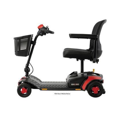 A black and red Pride Go Go® Elite Traveller Gen 3 Scooter featuring four wheels, a front storage basket, and a comfortable padded seat.