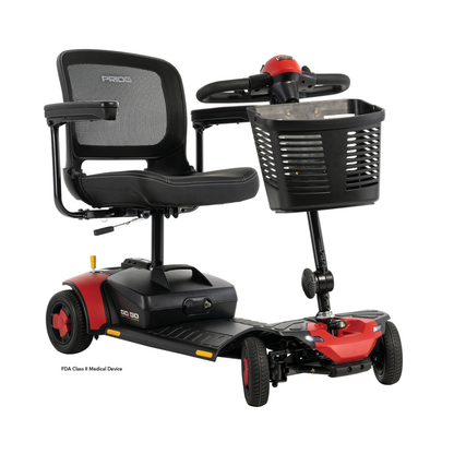 Red and black Pride Go Go® Elite Traveller Gen 3 Scooter featuring a mesh seat, front basket, and tiller steering.