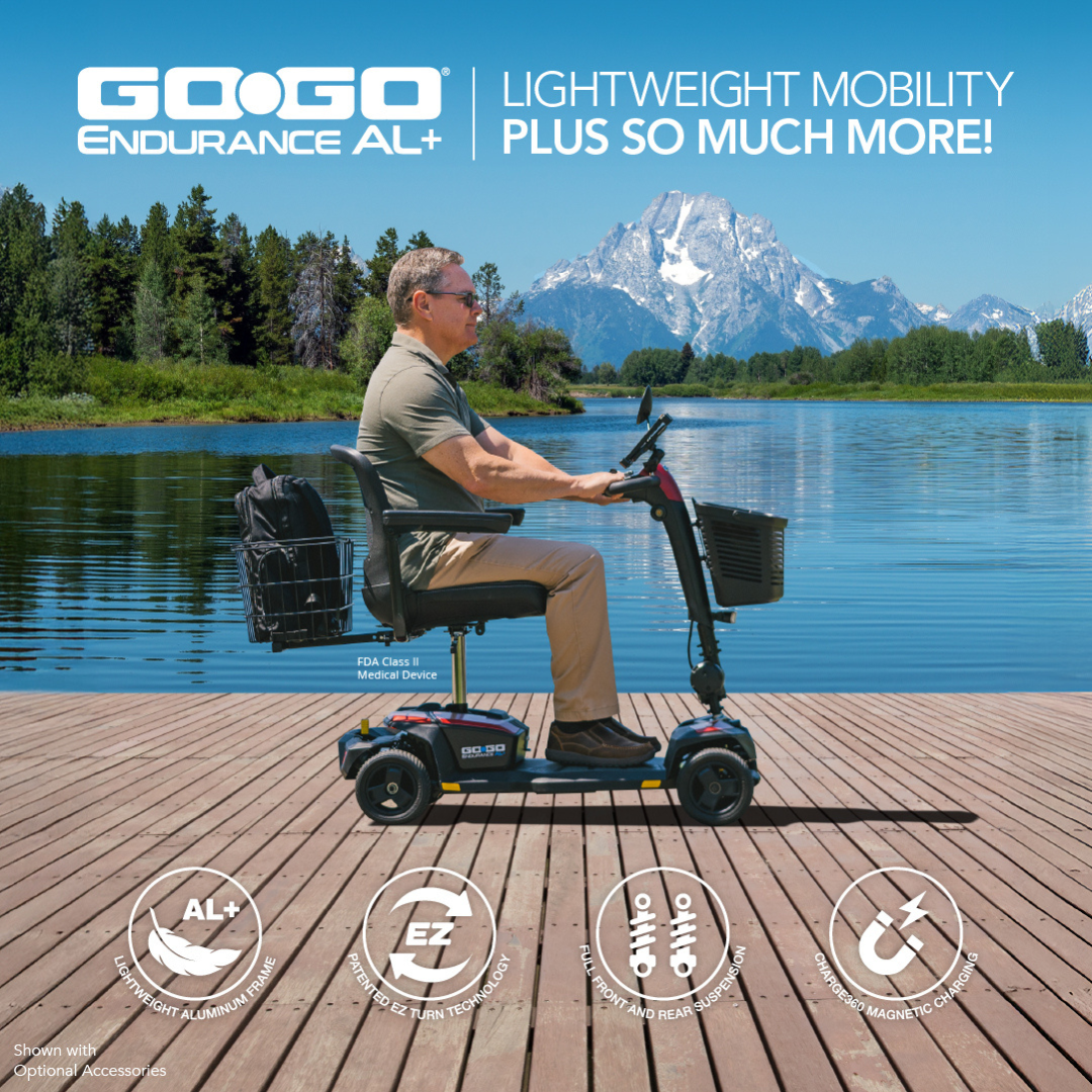 A man rides a Pride Mobility Go Go® Endurance AL+ Power Scooter on a wooden dock by a lake, surrounded by mountains and trees. Text in a clean grid showcases the scooter’s lightweight mobility and key features.