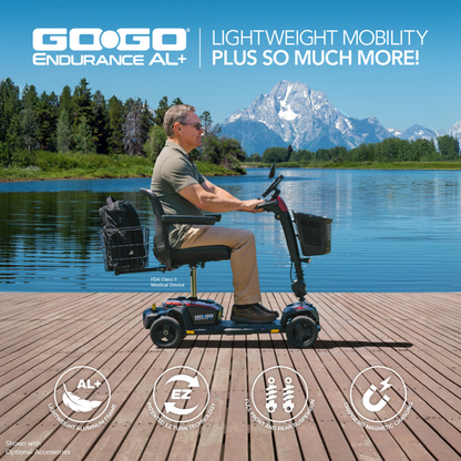 A man rides a Pride Mobility Go Go® Endurance AL+ Power Scooter on a wooden dock by a lake, surrounded by mountains and trees. Text in a clean grid showcases the scooter’s lightweight mobility and key features.