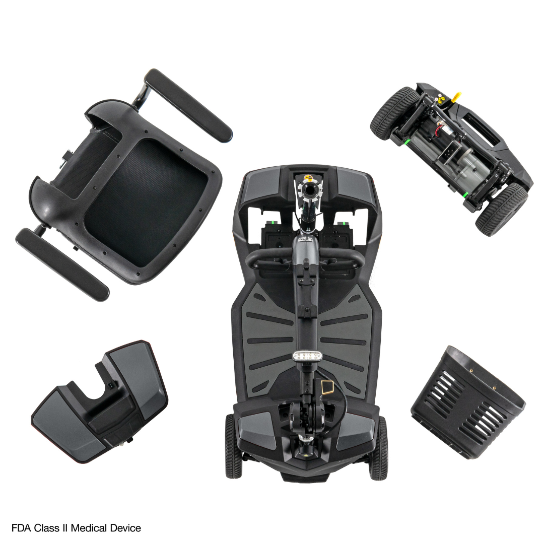 Five black Pride Mobility Go Go® Endurance AL+ Power Scooter parts—seat, front base, rear base, battery pack, and storage basket—are arranged in a grid on a white background. At the bottom is “FDA Class II Medical Device” in sleek Inter font.