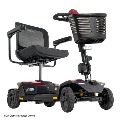 A black and red Pride Mobility Go Go® Endurance AL+ Power Scooter features a mesh seat, armrests, front basket, four wheels, headlight, and modern Inter font branding. Text states: FDA Class II Medical Device.