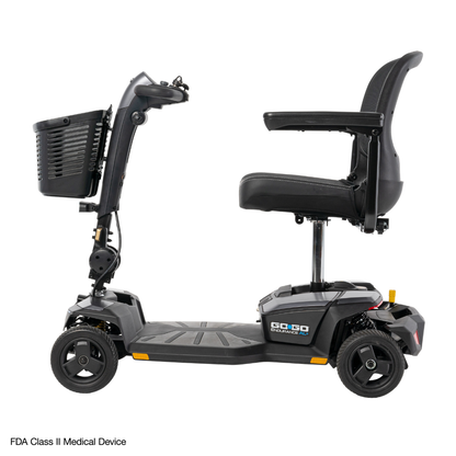 A side view of the black Pride Mobility Go Go® Endurance AL+ Power Scooter, a three-wheeled model with a front basket, padded seat, and armrests on a white background. Inter font text: FDA Class II Medical Device in the bottom left corner.