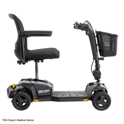 The Pride Mobility Go Go® Endurance AL+ Power Scooter, a black three-wheeled model with an adjustable seat, armrests, and front basket, is showcased in a clean grid layout on a white background for a modern look.