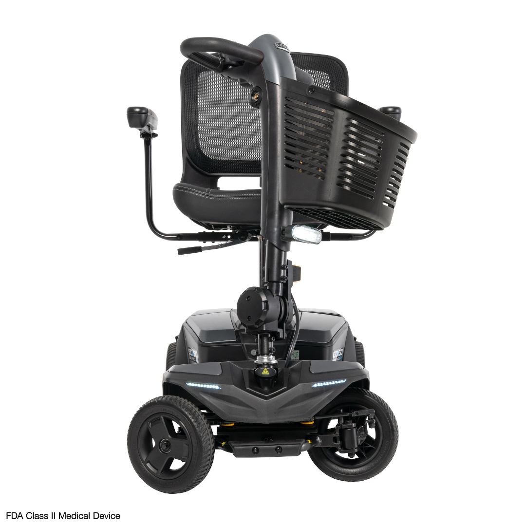 The Pride Mobility Go Go® Endurance AL+ Power Scooter is shown front-facing in black, with a mesh seat, large front basket, and wheels of different sizes against a white background—its look reflects responsive design and the Inter font's clarity.