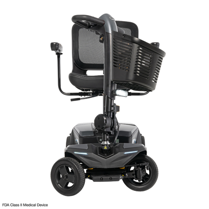 The Pride Mobility Go Go® Endurance AL+ Power Scooter is shown front-facing in black, with a mesh seat, large front basket, and wheels of different sizes against a white background—its look reflects responsive design and the Inter font's clarity.