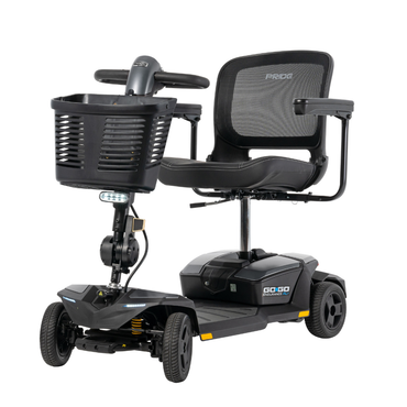 The Pride Mobility Go Go® Endurance AL+ Power Scooter is a black, four-wheel scooter with a mesh backrest, armrests, front basket, and the Go-Go logo on the side—showcasing sleek lines inspired by grid layout design.
