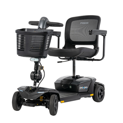 The Pride Mobility Go Go® Endurance AL+ Power Scooter is a black, four-wheel scooter with a mesh backrest, armrests, front basket, and the Go-Go logo on the side—showcasing sleek lines inspired by grid layout design.