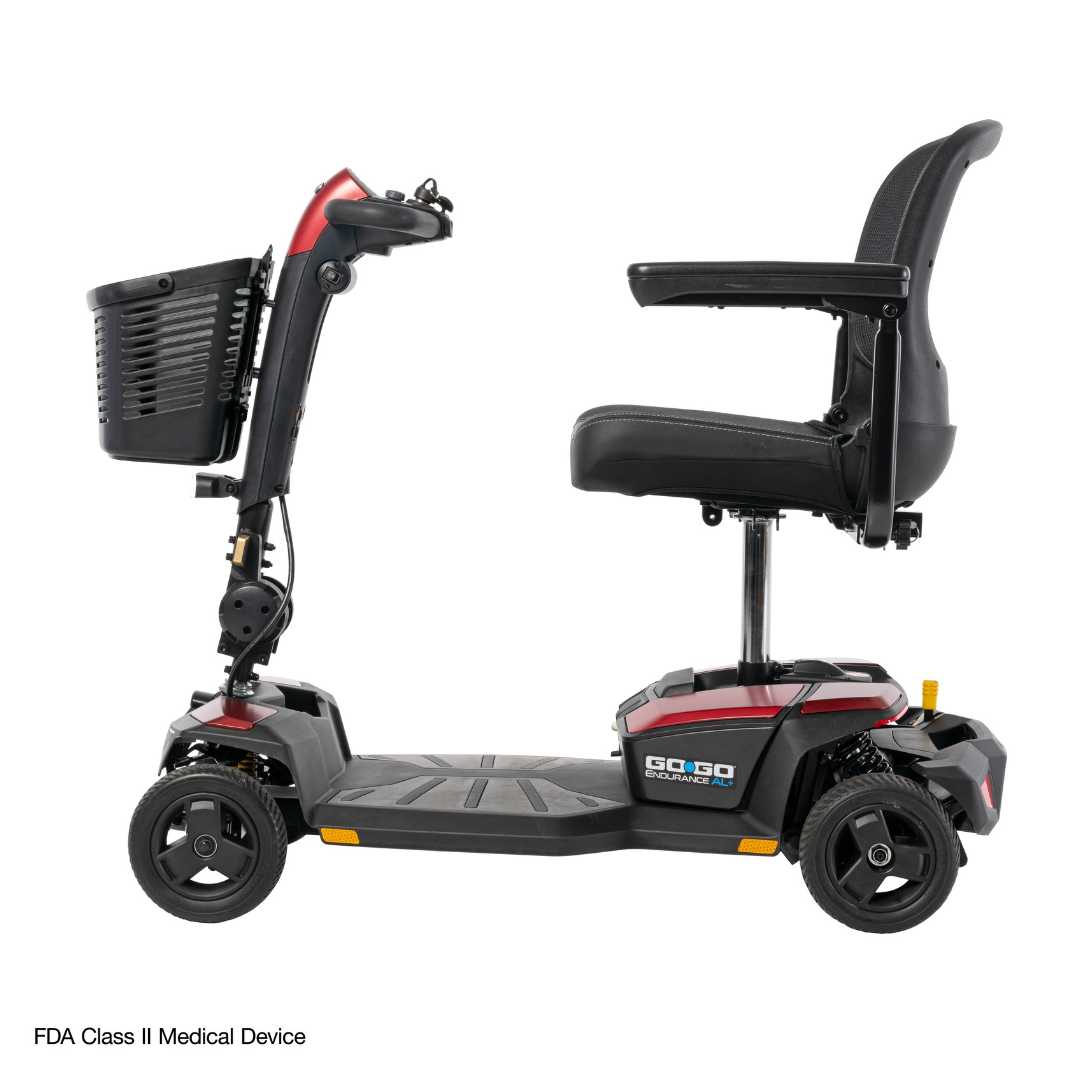 The Pride Mobility Go Go® Endurance AL+ Power Scooter, black and red with three wheels, front basket, padded swivel seat, and armrests, is shown in a clean grid layout on a white background.