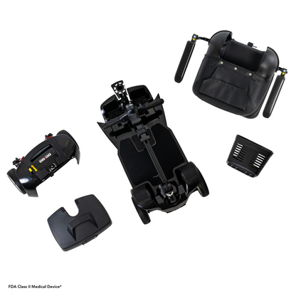 The Pride Mobility Go Go® Ultra X 4-Wheel Scooter, an FDA Class II Medical Device, disassembles into its base with wheels, handlebars, seat section, and a small square basket.