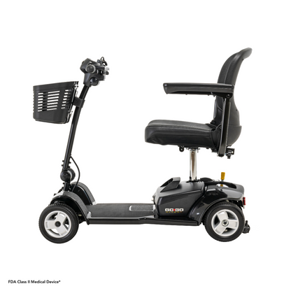 Side view of the Pride Mobility Go Go® Ultra X 4-wheel scooter in black, featuring a cushioned seat, handlebar controls, and front basket. As an FDA Class II Medical Device, its perfect for those looking for an economical scooter option.