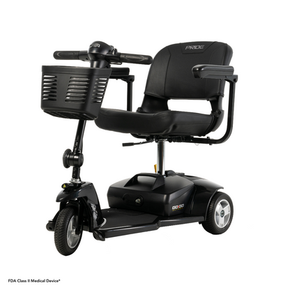 The Pride Mobility Go Go® Ultra X 3-Wheel Scooter is a budget-friendly, portable model with three wheels, a cushioned seat, armrests, and a front basket. It offers sturdy handlebars with intuitive controls for smooth maneuverability.