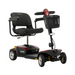 The Pride Mobility Go Go® Endurance Li 4-Wheel Scooter, in stylish red and black, includes a lithium battery for extended travel, padded seat with armrests, Comfort-Trac Suspension for smooth rides, handlebar steering, front basket, headlight and branded on the seat and steering column.