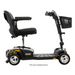 Side view of the sleek black Pride Mobility Go Go® Endurance Li 4-Wheel Scooter with a lithium battery, padded seat and armrests, handlebars, and front basket. Its sturdy frame with Comfort-Trac Suspension ensures accessibility and unparalleled comfort.