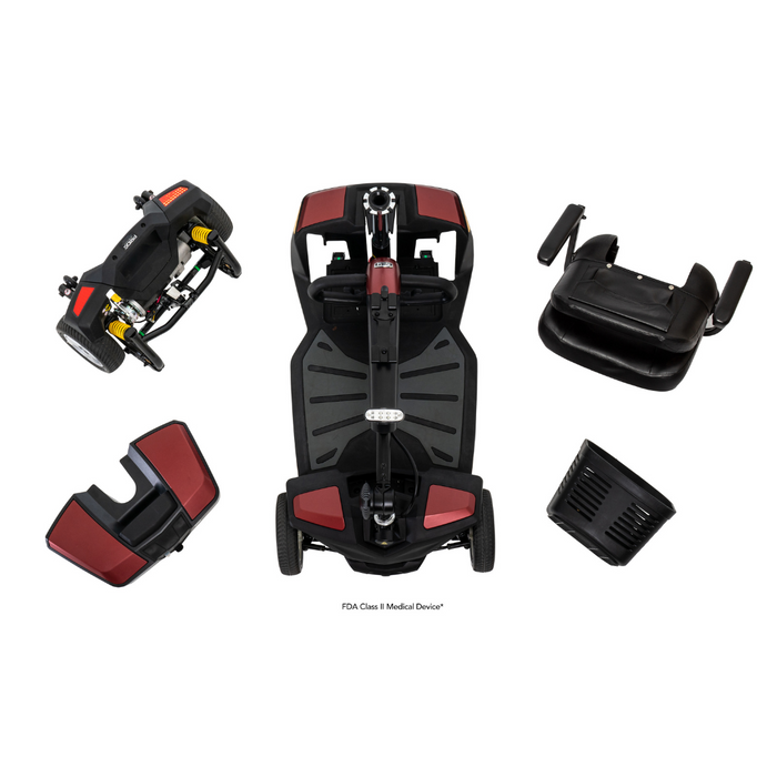 The image features a disassembled Pride Mobility Go Go® Endurance Li 4-Wheel Scooter, highlighting its lithium battery technology, Comfort-Trac Suspension, seat, front section with handlebars and wheels, rear section with wheels, and a convenient basket.