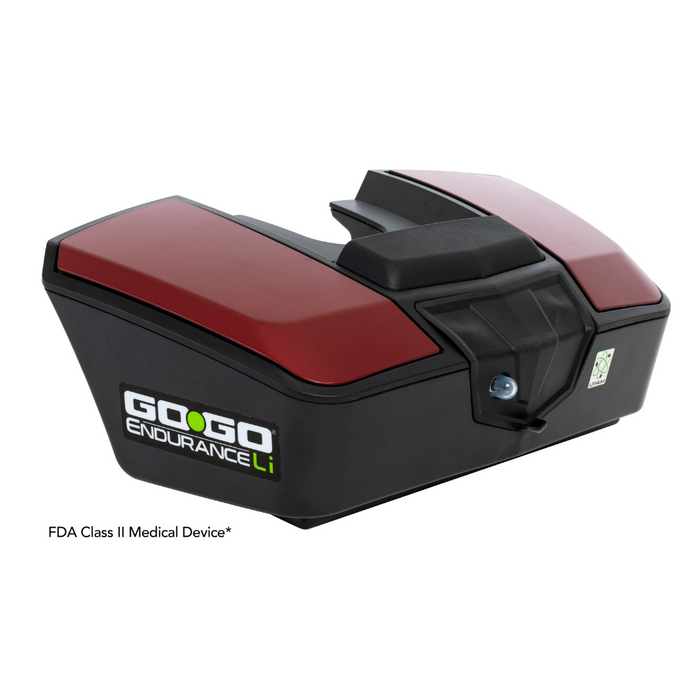 Image of a Pride Mobility Go Go® Endurance Li 4-Wheel Scooter battery, with a sleek black and red design. The logo appears on the side, while the text FDA Class II Medical Device highlights its advanced lithium battery technology for improved performance.