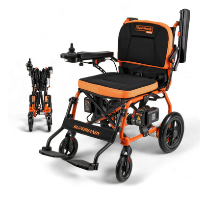 The SuperHandy GoRide 2 Portable Electric Wheelchair (only 40 lbs) is shown in black and orange, with one open and one folded for portability. It features padded seating, joystick-controlled armrests, and sturdy wheels.