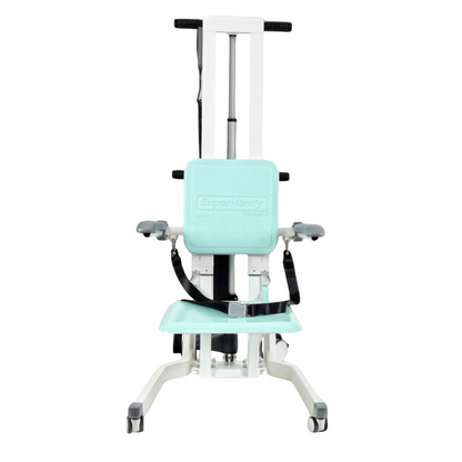 The SuperHandy GoRise TX Portable Patient Transfer Lift, suitable for holding up to 500 pounds, serves as an essential mobility device with a turquoise seat, backrest, armrests, and secure straps. It has a sturdy white frame and black wheels and handles for easy stair climbing transfers.