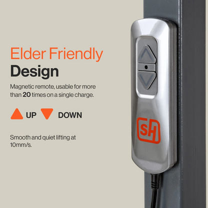 Close-up of the SuperHandy GoRise TX Portable Patient Transfer Lifts remote control, showcasing a silver finish with black Up and Down buttons. Featuring an elder-friendly design with magnetic functionality, it operates 20 times per charge and supports up to 500 lbs.