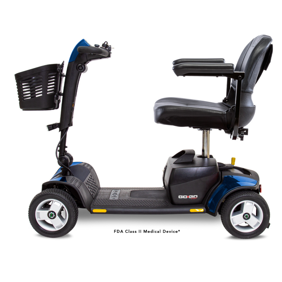 The Pride Go Go® Sport 4-Wheel Scooter, featuring a blue and black design with a front basket, padded seat, armrests, and four wheels, is shown in profile on a white background—perfect for responsive website layouts.