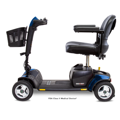 The Pride Go Go® Sport 4-Wheel Scooter, featuring a blue and black design with a front basket, padded seat, armrests, and four wheels, is shown in profile on a white background—perfect for responsive website layouts.