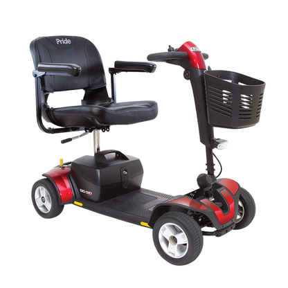The Pride Go Go® Sport 4-Wheel Scooter in red and black offers a cushioned seat with armrests, a steering handle, and a front basket—ideal for personal mobility assistance.