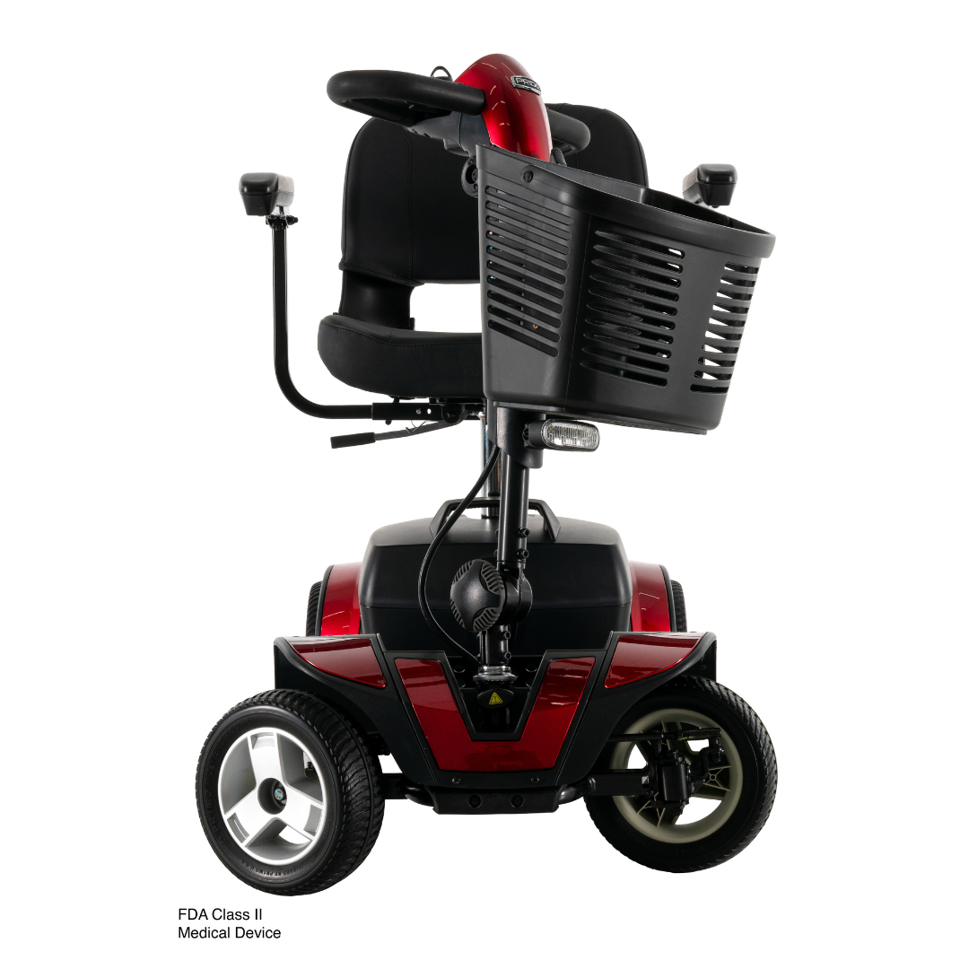 The Pride Go Go® Sport 4-Wheel Scooter in red and black features a front basket, armrests, padded seat, and four wheels. Photo taken from the front. Centered headers use Inter font. Corner text: FDA Class II Medical Device.