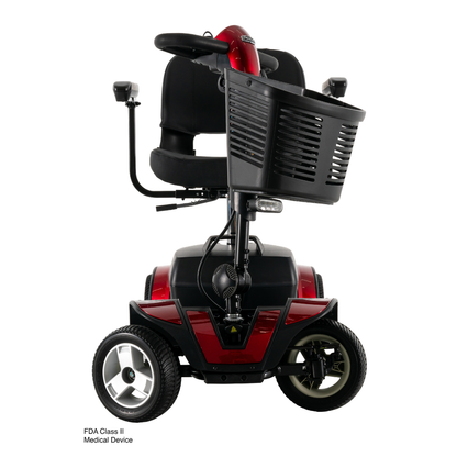 The Pride Go Go® Sport 4-Wheel Scooter in red and black features a front basket, armrests, padded seat, and four wheels. Photo taken from the front. Centered headers use Inter font. Corner text: FDA Class II Medical Device.