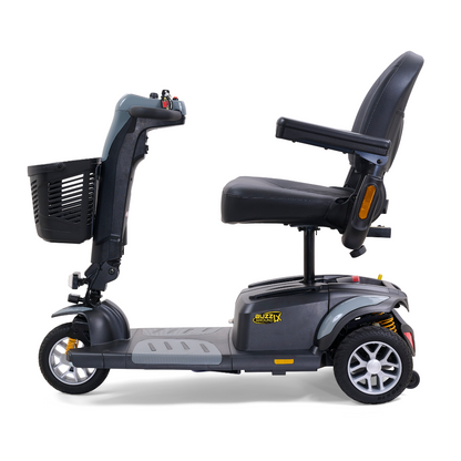 A side view of the Golden Buzzaround LX GB119, a black luxury heavy-duty 3-wheel portable mobility scooter featuring a cushioned seat, armrests, and a front basket, ideal for easy urban transport.