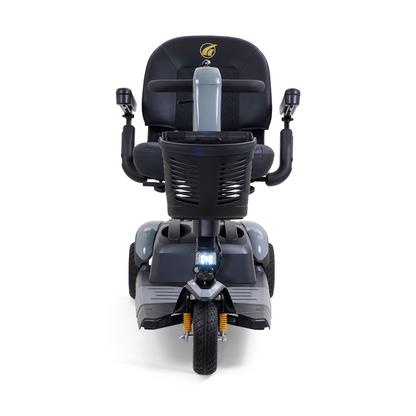 Front view of the luxurious Golden Buzzaround LX GB119 heavy-duty 3-wheel portable mobility scooter, showcasing a black seat with armrests. It features a headlight, the company's logo on the backrest, and offers a sturdy design for accessibility and ease of movement.